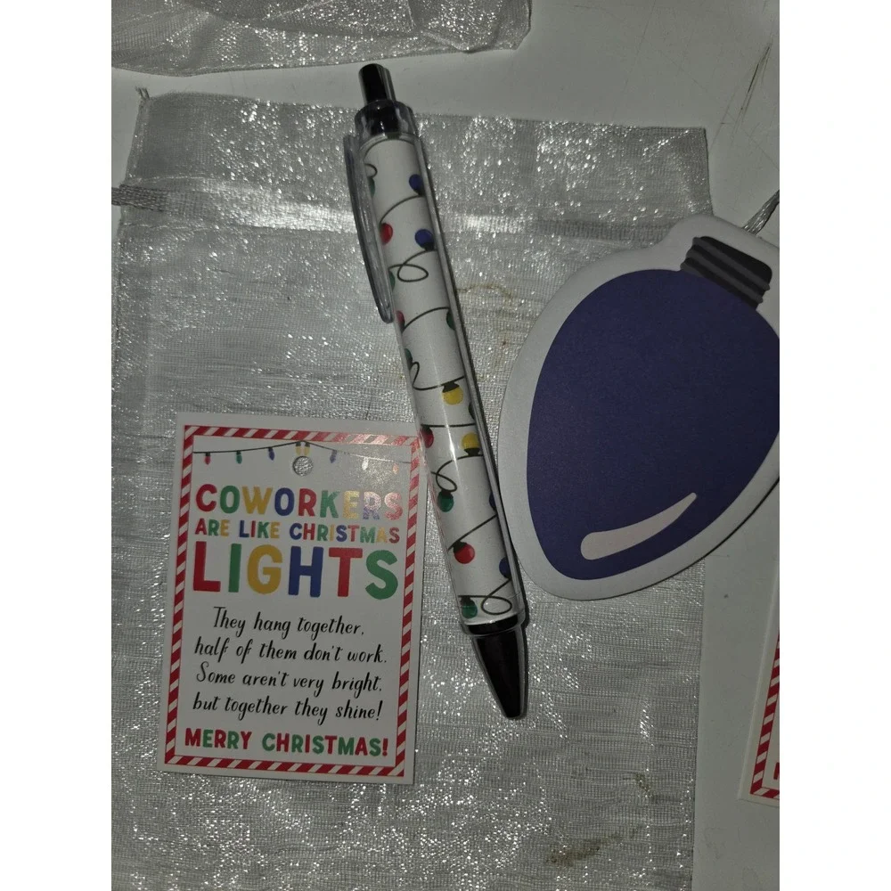 6 Pack Coworker Christmas Gift Set Pens Sticky Notes Tags Organza Bags Holiday